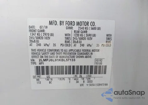 2019 Lincoln Nautilus Reserve z USA, uszkodzony, nr VIN 2LMPJ6L91KBL57133